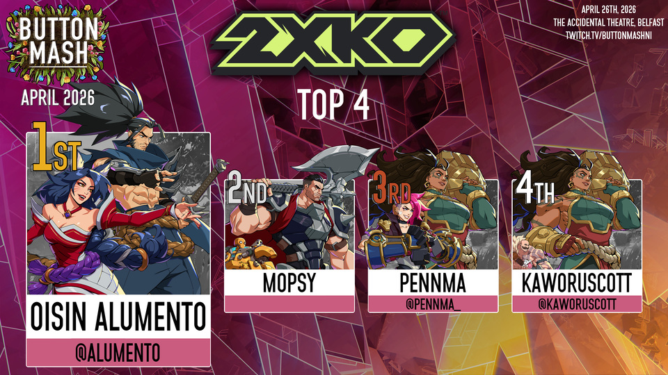 2XKO standings: 1) Oisin Alumento (Ahri/Yasuo) 2) Mopsy (Blitzcrank/Darius) 3) Pennma (Vi/Illaoi) 4) kaworuscott (Braum/Illaoi)