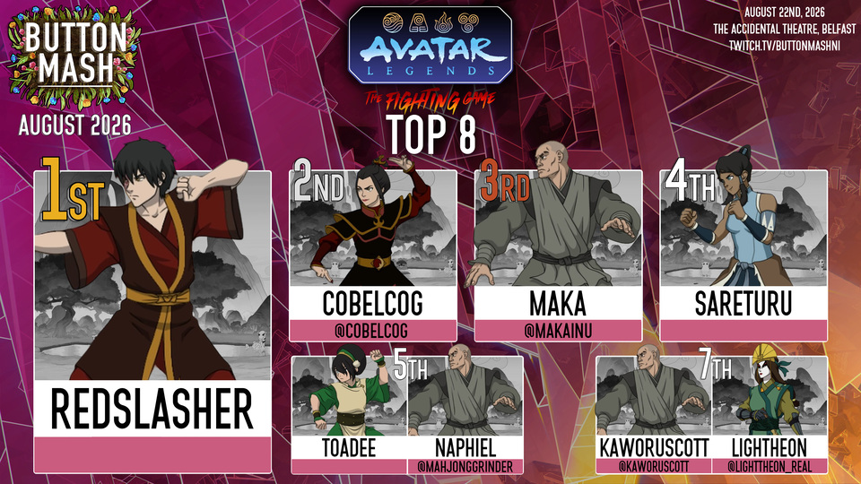 Avatar top 8: 1) Redslasher (Zuko) 2) Cobelcog (Azula) 3) Maka (Zaheer) 4) Sareturu (Korra) 5) toadee (Toph)/Naphiel (Zaheer) 7) kaworuscott (Zaheer)/Lightheon (Kyoshi)
