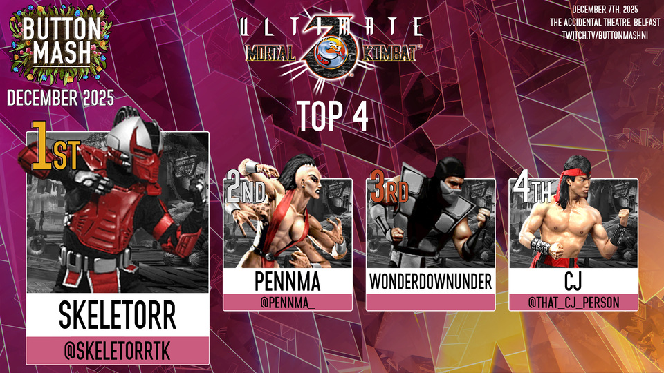 UMK3 results: 1) Skeletorr (Sektor) 2) Pennma (Sheeva) 3) WonderDownUnder (Smoke) 4) CJ (Liu Kang)