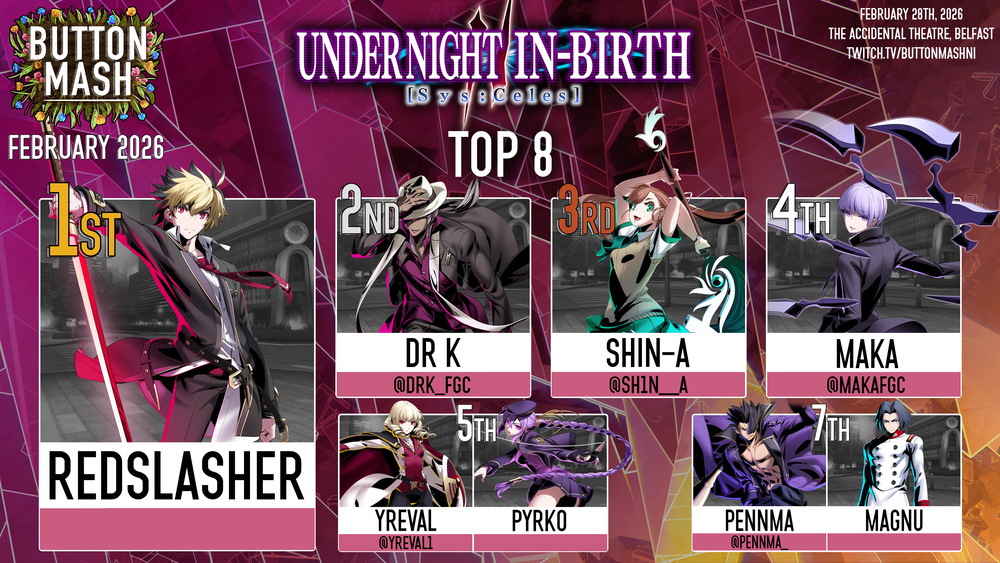 UNI2 top 8: 1) Redslasher (Hyde) 2) Dr K (Ogre) 3) SHIN-A (Nanase) 4) Maka (Byakuya) 5) Yreval (Wagner), Pyrko (Eltnum) 7) Pennma (Gordeau), Magnu (Akatsuki)