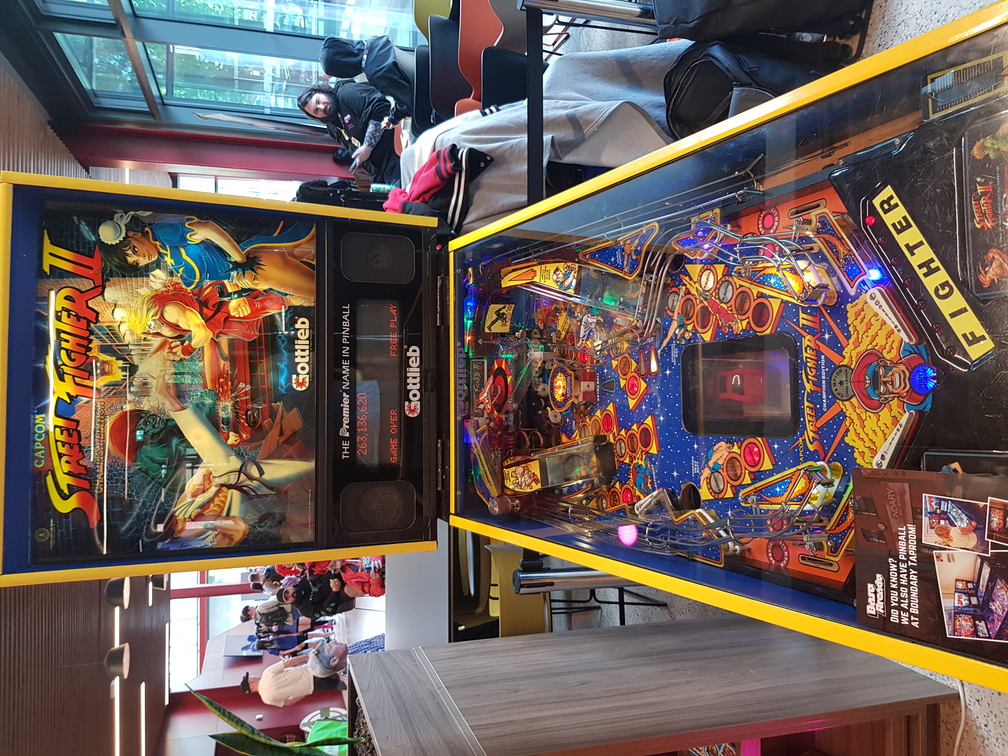 The Street Fighter II pinball game. The game&rsquo;s artwork depicts Ryu, Blanka, Ken, and Chun-Li, who seem more interested in smashing the car than fighting each other. A score of 263,136,620 is shown on the display; this is the high score on this game, which I had just achieved at the time I took this picture.